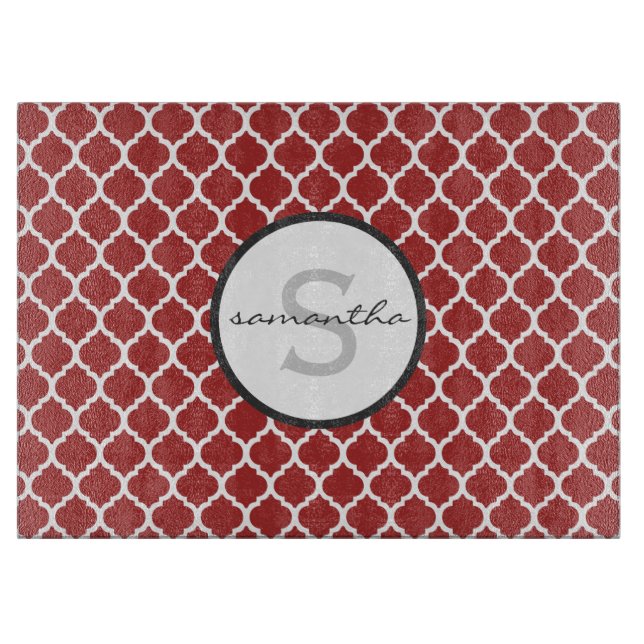 Red Quatrefoil Monogram Cutting Board (Front)