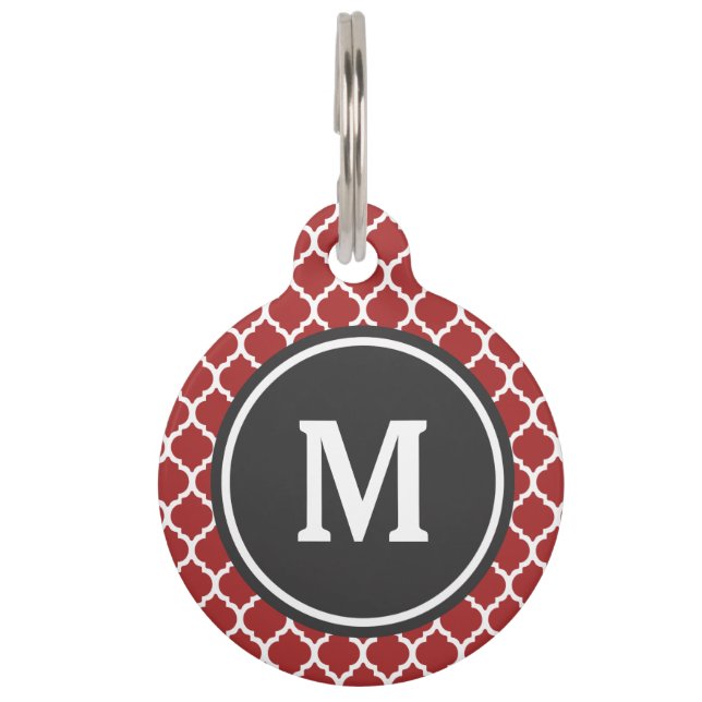 Red Quatrefoil Monogram Pet Tag (Front)