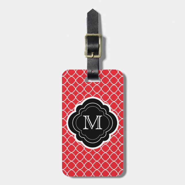Red Quatrefoil with Black Monogram Luggage Tag (Front Vertical)