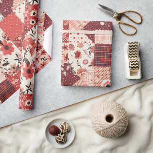 Red Quilt Gingham Cottagecore Floral Wrapping Paper