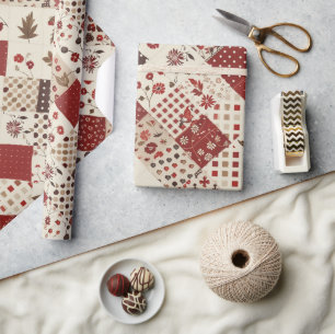 Red Quilt Gingham Cottagecore Floral Wrapping Paper