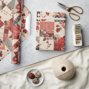 Red Quilt Gingham Cottagecore Floral Wrapping Paper