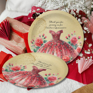 Red Quinceañera Dress Gold Roses Custom Paper Plate