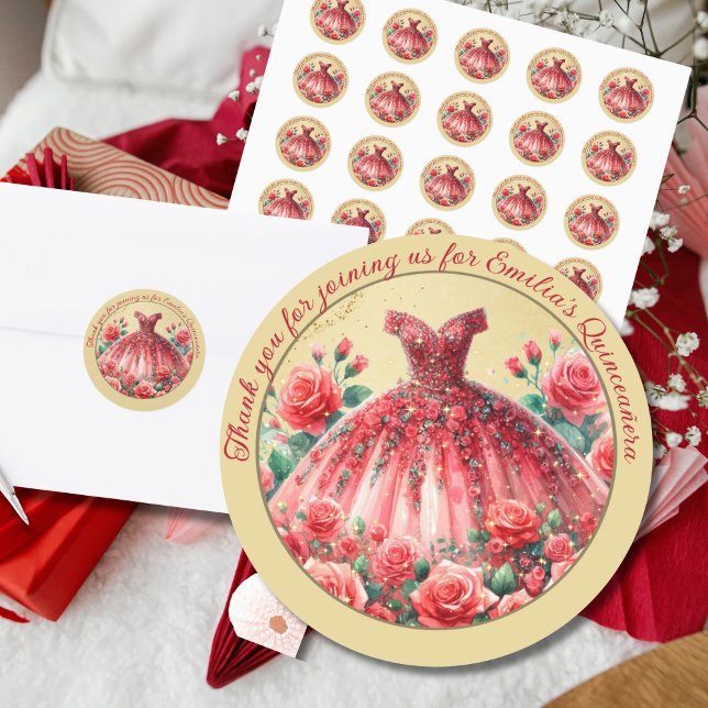 Red Quinceañera Dress Thank You Favours Gifts Classic Round Sticker (Creator Uploaded)