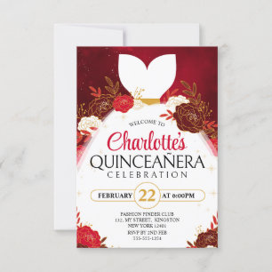 Red Quinceanera Floral White Princess Dress Invitation