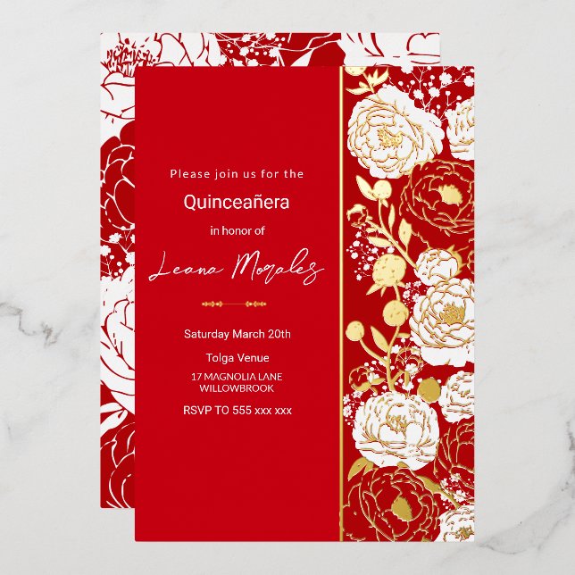 Red Quinceañera Foil Invitation (Front/Back)