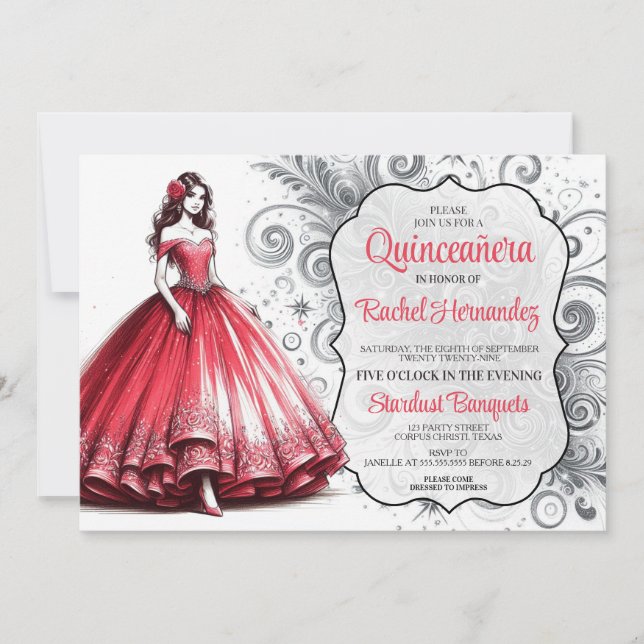 Red Quinceañera Girl Invitation (Front)