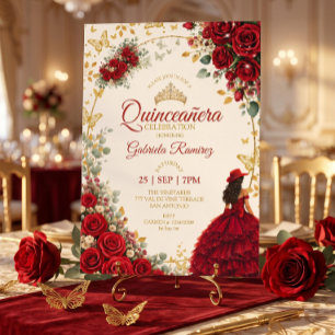 Red Quinceañera Golden Butterflies Roses Invitation