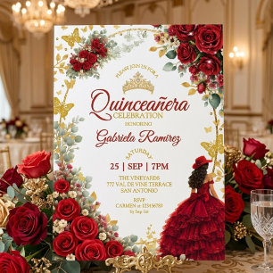 Red Quinceañera Golden Butterflies Roses Invitation
