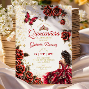 Red Quinceañera Golden Tiara Roses Butterlies Invitation