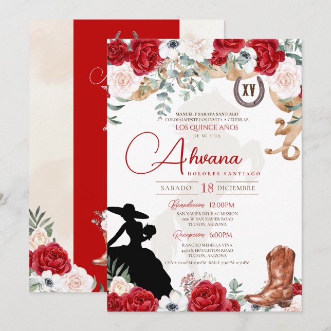 Red Quinceanera Rose Anemone Fancy Charra/Cowgirl  Invitation (Front/Back)