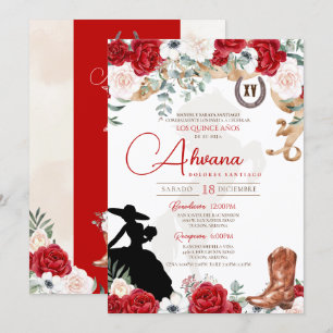 Red Quinceanera Rose Anemone Fancy Charra/Cowgirl Invitation