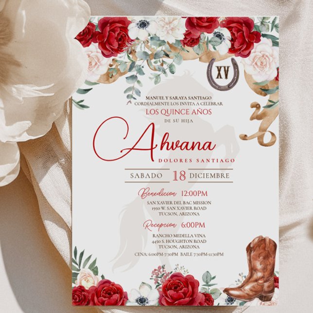 Red Quinceanera Rose Anemone Fancy Charro/Cowgirl  Invitation (Creator Uploaded)