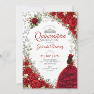 Red Quinceañera Silver Butterflies Roses Invitation