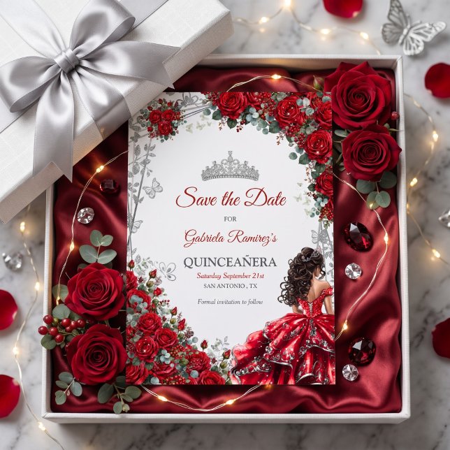 Red Quinceañera Silver Butterflies Save The Date (Creator Uploaded)