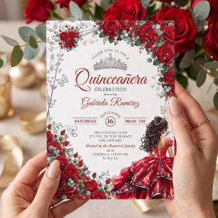 Red Quinceañera Silver Tiara Butterflies Invitation