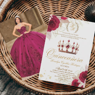 Red Quinceanera theme Tiara Floral Photo Birthday Invitation