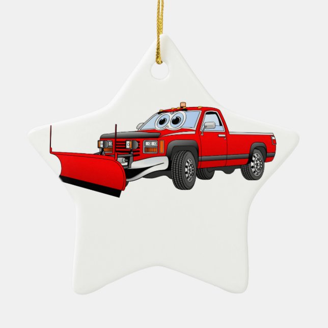 Red R Pick Up Snow Plough Cartoon Ceramic Tree Decoration (Front)