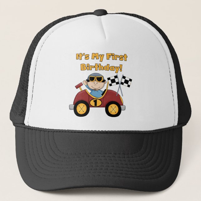 Red Race Car 1st Birthday Tshirts and Gifts Trucker Hat (Front)
