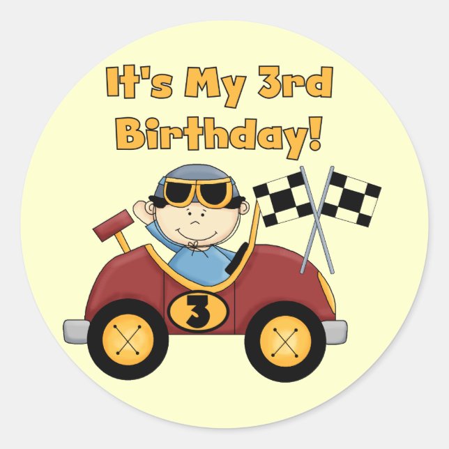 Red Race Car 3rd Birthday Tshirts and Gifts Classic Round Sticker (Front)
