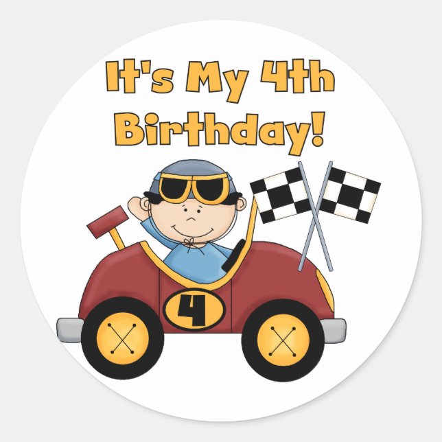 Red Race Car 4th Birthday Tshirts and Gifts Classic Round Sticker (Front)