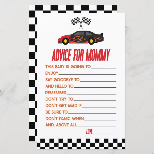 Red Race Car Advice Baby Shower Game Activity (Front/Back)