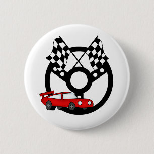 Red Race Car and Flags 6 Cm Round Badge