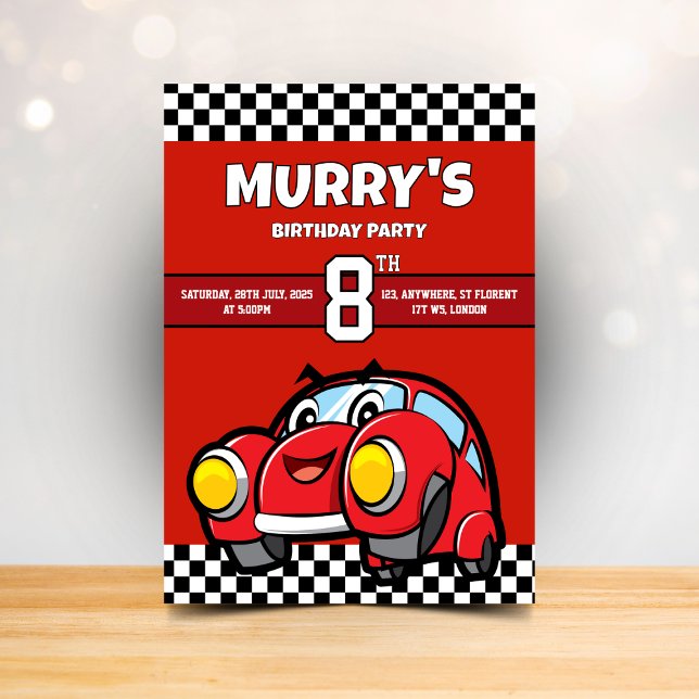 Red Race Car Birthday 8th Birthday Party Invitation (Creator Uploaded)