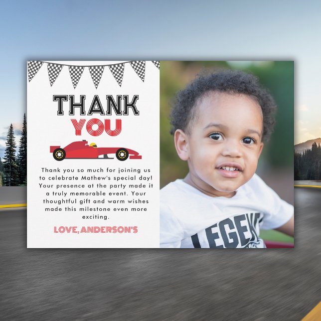 Red Race Car Birthday Party Photo Thank You Card (Creator Uploaded)
