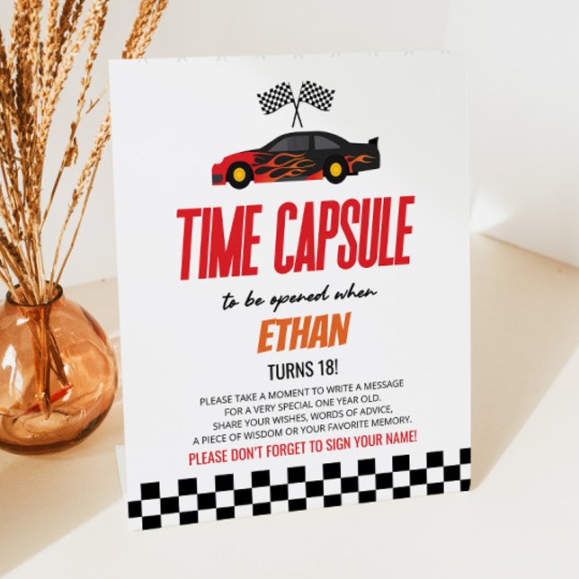 Red Race Car Birthday Party Time Capsule Pedestal Sign (Creator Uploaded)