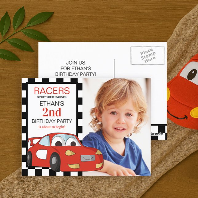 Red Race Car Black White Chequered 2nd Birthday Postcard (Red race car child's birthday party photo postcard invitation)