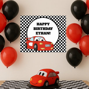 Red Race Car Black White Chequered Birthday Party Poster