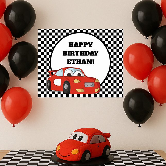 Red Race Car Black White Chequered Birthday Party Poster (Red race car birthday party poster)