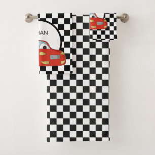 Red Race Car Black White Chequered Flag Child's   Bath Towel Set