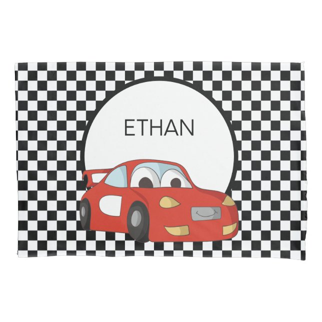 Red Race Car Black White Chequered Flag Child's  Pillowcase (Front)
