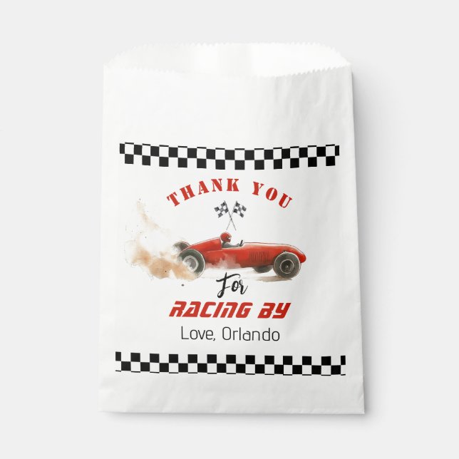 Red race car Boy racing birthday thank you Favour Bags (Front)