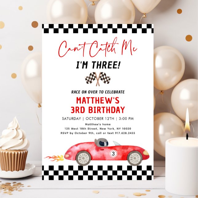 Red Race Car Can't Catch Me I'm Three Birthday Invitation (Creator Uploaded)