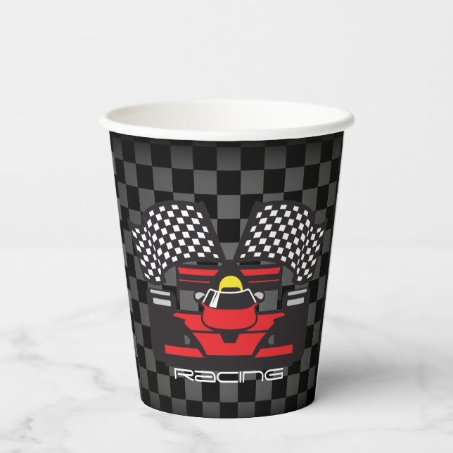 Red Race Car Chequered Design Paper Cup (Back)