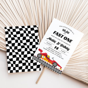 Red Race Car Chequered Flag Fast One 1st Birthday Invitation
