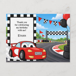 Red Race Car Chequered Flag Kid Birthday Thank You Postcard