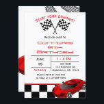 Red Race Car | Custom Kids Birthday Invitation<br><div class="desc">Does your child LOVE cars? Start the party off right with these fun invitations featuring a black and white chequered flag pattern, red race car and tire tracks across the back of the invitation. Easily add your custom information and simply stamp and send! There are also matching accessories available to...</div>