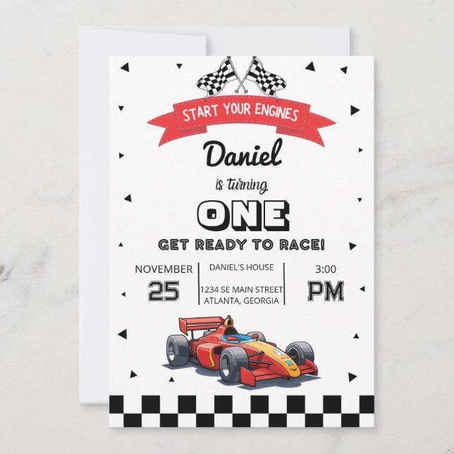 Red Race Car Custom Kids Birthday Party Invitation (Front)
