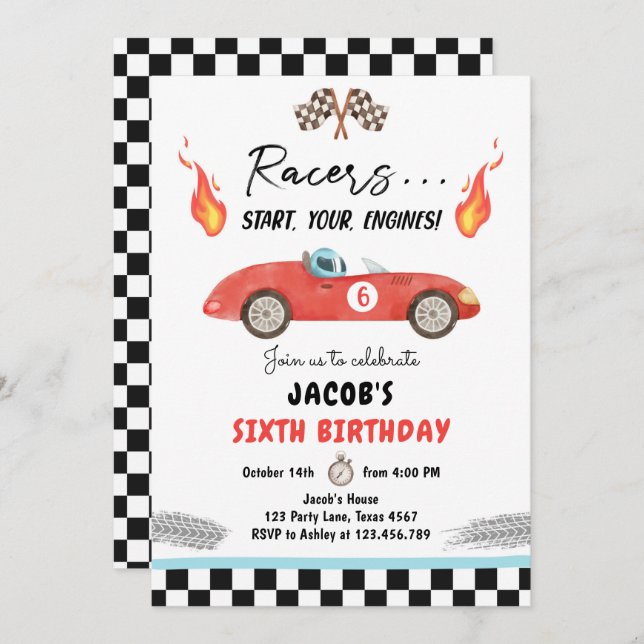 Red Race Car Fast Curious Boy Birthday Invitation (Front/Back)