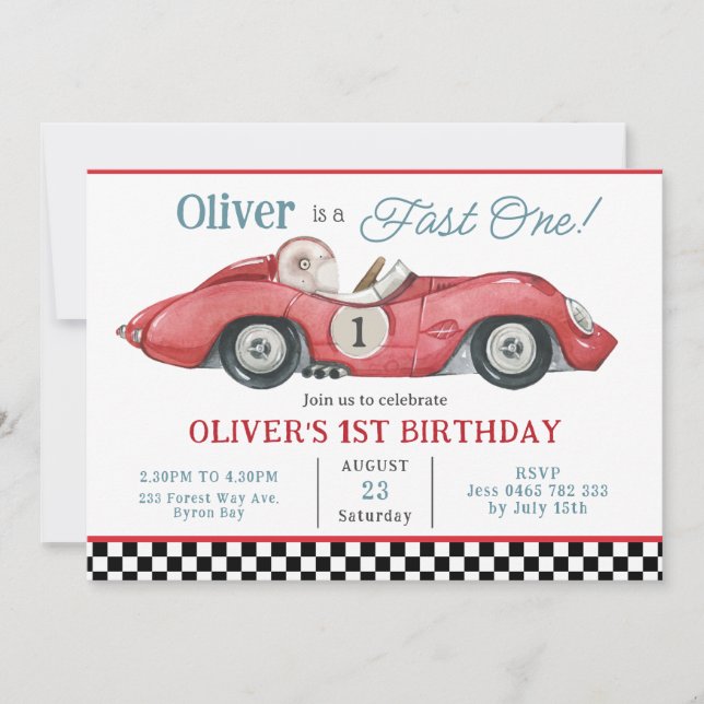 Red Race Car Fast One 1st First Birthday Party  Invitation (Front)