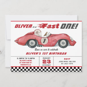 Red Race Car Fast One 1st First Birthday Party  Invitation