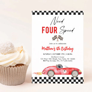 Red Race Car Fourth Birthday Invitation
