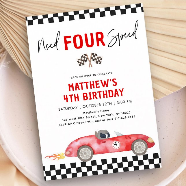 Red Race Car Fourth Birthday Invitation (Creator Uploaded)