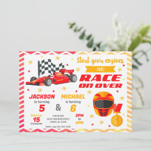 Red Race Car Joint Birthday   Retro F1 Car Invitation