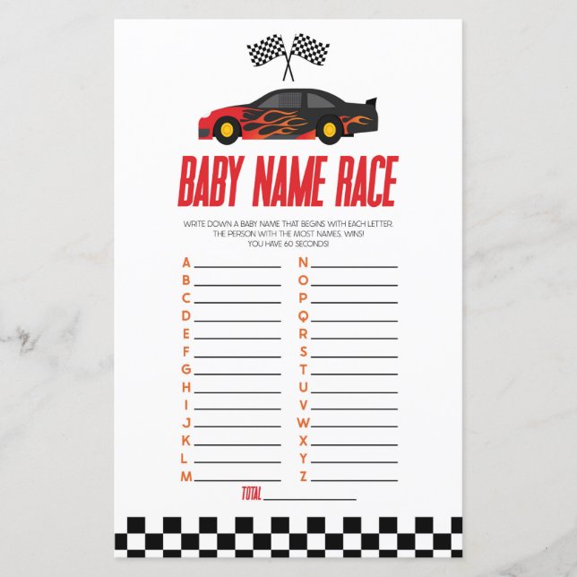 Red Race Car Name Race Baby Shower Game (Front)
