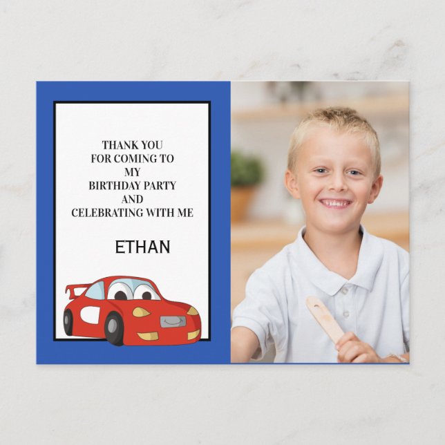 Red Race Car on Dark Blue Birthday Photo Thank You Postcard (Front)